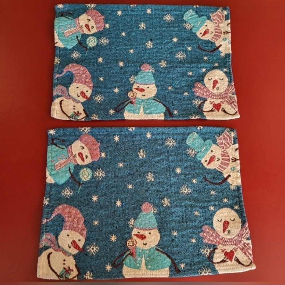 Set of 2 Blue Tapestry Placemats Christmas Snowmen Holiday